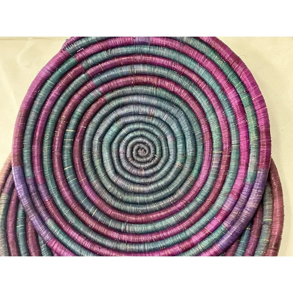 Set of 2 Handcrafted Woven Wall Baskets Purple Teal Boho Spiral Coiled Plates 10